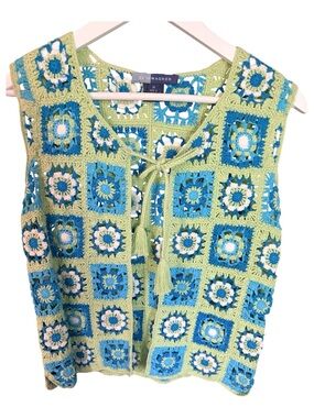 Vintage Bushwacker Green & Blue Crochet Vest - Women’s Boho Knit Top Sz. M